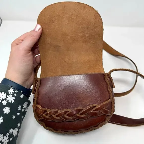 American Eagle Rustic Brown Braided Leather Bag Crossbody Western Boho Southwest - Picture 9 of 10